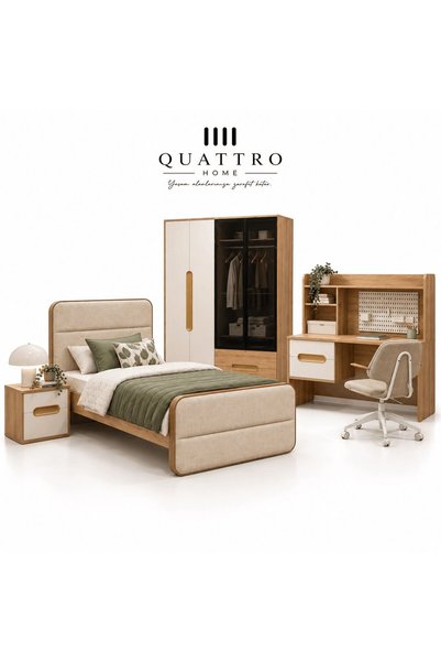 QUATTRO HOME Vega Genç Odası (4 Kapılı Dolap+Karyola 100x200+Komodin+Çalışma Masası ve Üst Ünite+Kitaplık+Şifonyer+ayna )