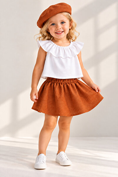 Moda Lina Baby Set pentru fetițe cu guler tip Madonna, bluză albă și fustă po...