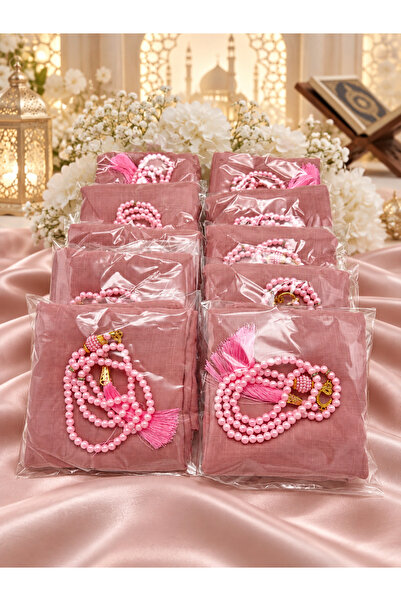 LenaToptan 10 Pieces Pink Flared Scarf and Prayer Beads Set Hajj Umrah Mawlid...