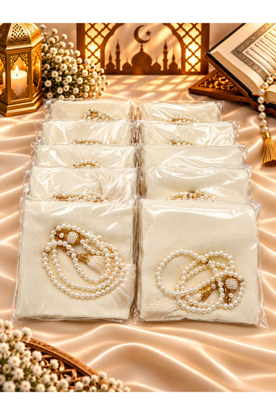 LenaToptan 10 Pieces Cream Flared Scarf and Prayer Beads Set Hajj Umrah Mevli...