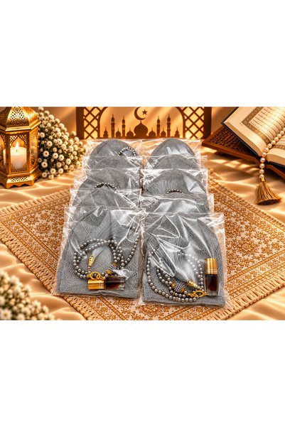LenaToptan 10 Pieces Gray Men's Skullcap Prayer Beads Fragrance Set Hajj Umra...