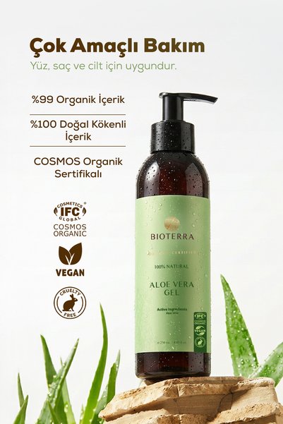 Bioterra Organik Aloe Vera Jel – Yüz, Vücut ve Saç İçin Nemlendirici 250 ml