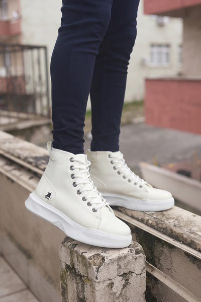 BOUIS Men's Daily White Classic Boots Lace-up High-top Faux Leather Water-Res...