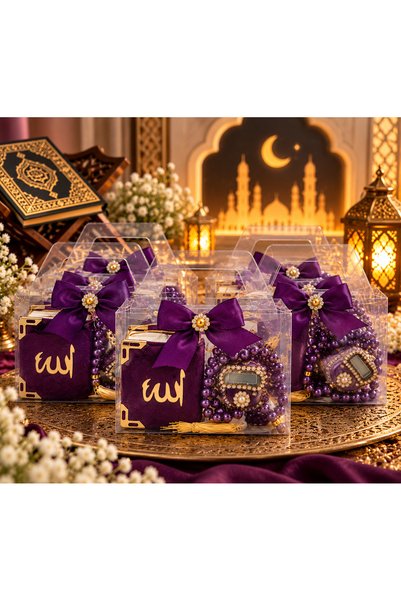 LenaToptan 10 Pieces of Purple Bowknot Bags with Mini Quran, Pearl Prayer Bea...