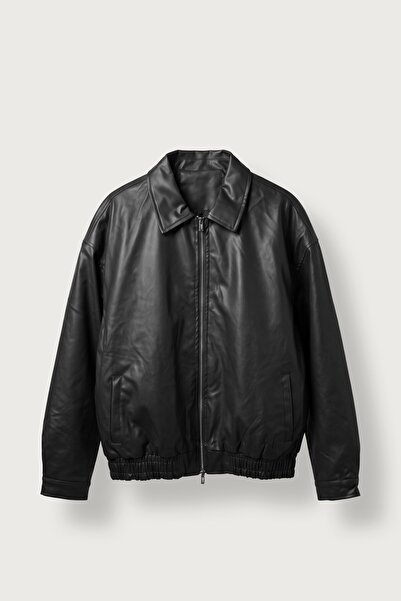 ablukaonline Men's Relax Fit Bomber Leather Jacket Black