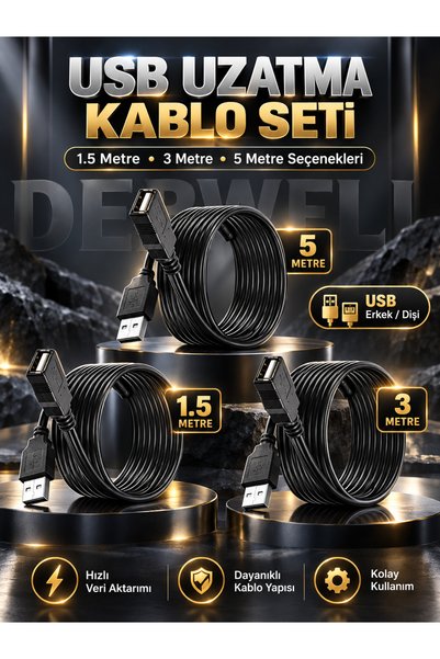 Derwell 3in1 5 Metre Usb Uzatma + 3 Metre Usb Uzatma + 1.5 Metre Usb Uzatma H...