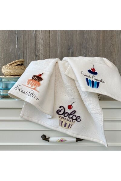 Generic Brand Sweet - Embroidered Kitchen Towel 70% Bamboo / 30% Cotton - Cream Set of 3 30X50