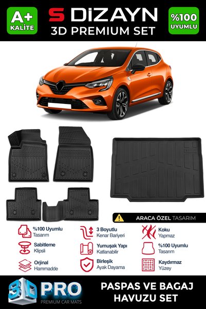 S Dizayn S-Dizayn Renault Clio 5 3D Pro Havuzlu Paspas ve Bagaj Havuzu Seti (...