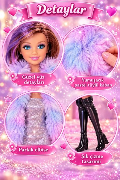 cayenna 29 cm Tüylü Kürklü Şık Elbiseli ve Çizmeli Moda Bebek Modelleri