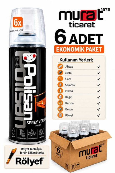 Polisan 6 Adet Vernik Sprey Akrilik Şeffaf Parlak 400 ml (rölyef tablo vb. iç...