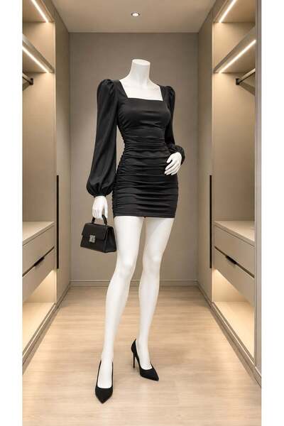 Modafeminen Rochie mini cu guler pătrat și aspect satinat 582361 NEGRU