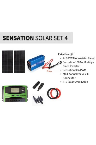 sensatıon Solar Set Paket 4 (Karavan, Bağ Evi) Monokristal Güneş Paneli-Pwm-İnverter Modifiye Sinüs