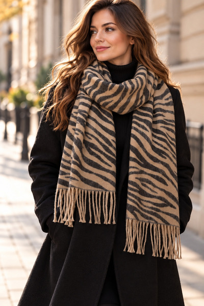 Aquasis Milan |   Women's Beige Black Winter Shawl Scarf 66X195 cm |   Oversize Zebra Patterned Thick Soft Tassel Shoulder Shawl
