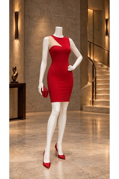 Modafeminen Rochie creion roșie, slim fit, cu umeri decupați, lungime midi 58...