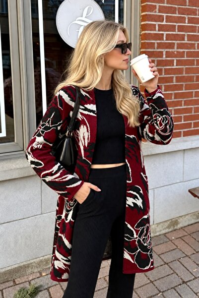 lamea Women's Floral Patterned Tok Textured Soft Long Knitwear Cardigan