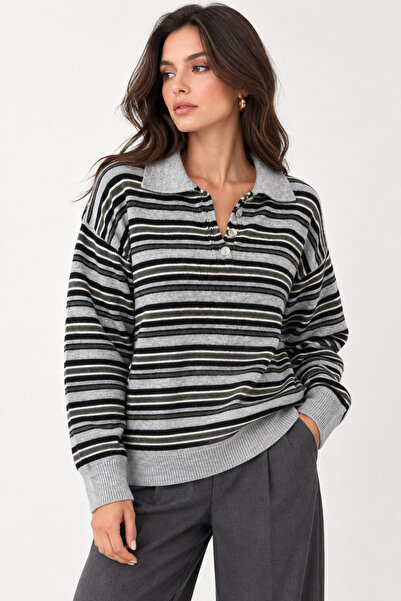 İLKCET MODA Buttoned Collar Striped Knitwear Sweater
