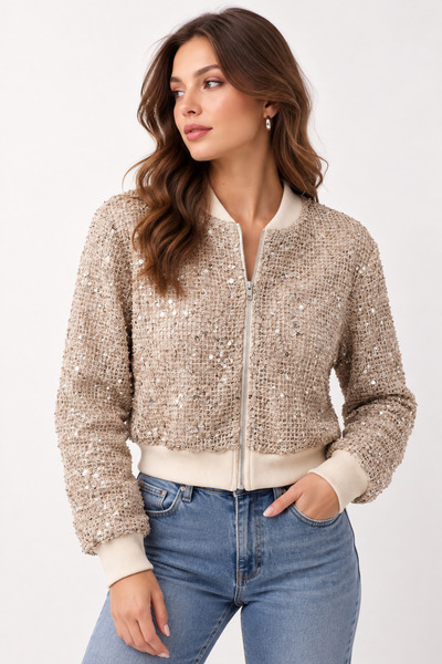 İLKCET MODA Jachetă bomber de damă cu design strălucitor cu paiete