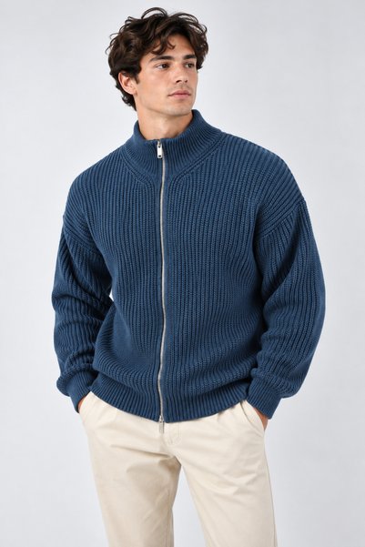İLKCET MODA Fermuarlı İndigo Premium Selanik Örgü Oversize Hırka