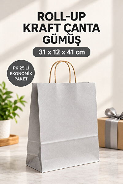 Roll-Up 31*12*41 cm Party Dreams Kraft Çanta Gümüş 25'li Paket (TM-KGT-0365)