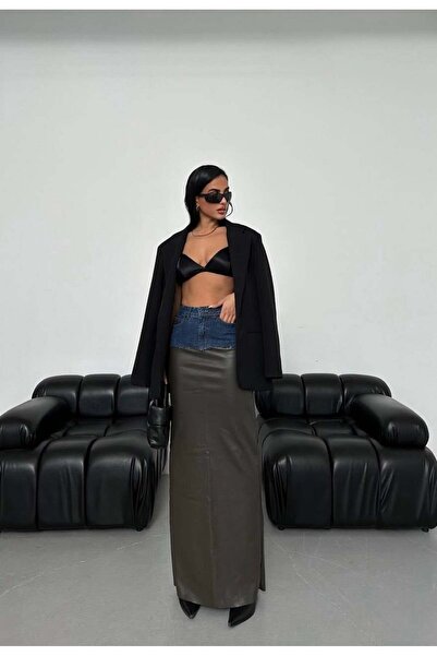 HerTon Double Textured Denim Leather Mix Maxi Skirt - Leather Skirt with Deni...