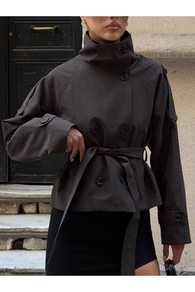 HerTon Women's Stand Collar Raglan Sleeve Belted Short Trench Coat Jacket