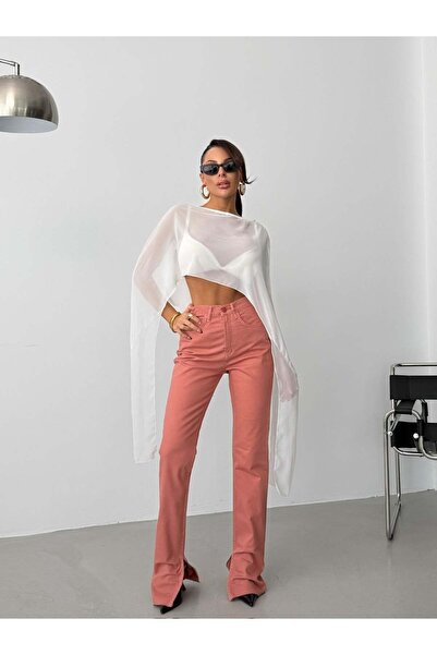 HerTon Salmon Color High Waist Slit Detailed Trousers