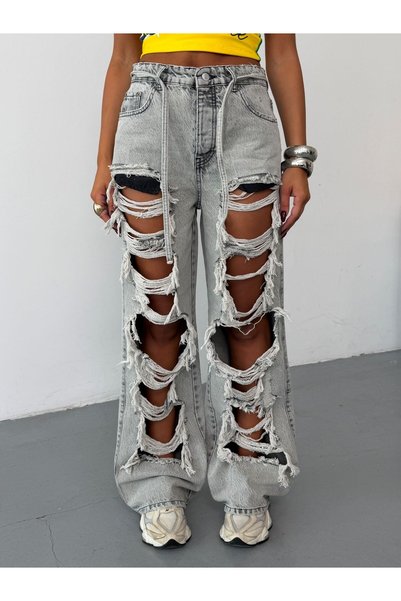 HerTon Women's High Waist Multi-Ripped Baggy Wide Leg Jean Pants