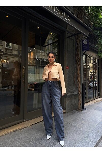HerTon Women's Gray Smoked Wide Leg 100% Cotton Jean Pants - High Waist Loose...