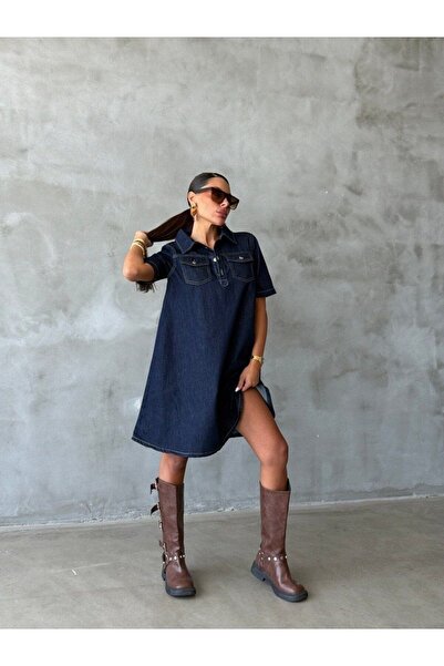 HerTon Women's Denim Mini Dress with Chest Pockets and Snap Fasteners, Cotton...