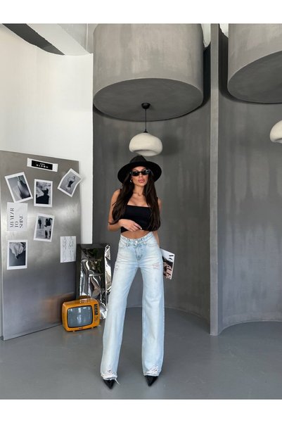 HerTon High Waist Ripped Detail Wide Leg Denim Pants