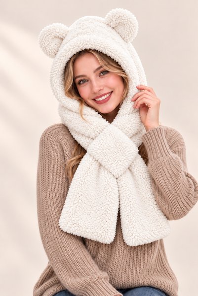 Nurnivus Kapşonlu Peluş Bere Atkı Kadın Welsoft Polar Kaşkol Boyunluk Şalı Rü...