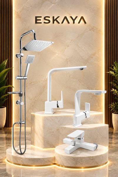 ESHOME 4'lü Full Batarya Seti Beyaz Kare Robot Duş - Banyo - Lavabo - Mutfak ...