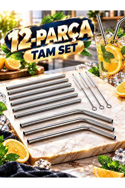 Tasarım Evi Premium 7 Parça Paslanmaz Çelik Metal Pipet Seti - 3 Düz, 3 Eğiml...