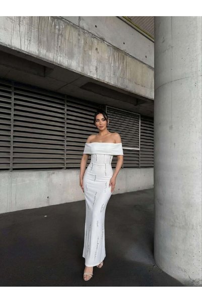 Modafeminen Stone Detailed Strapless Collar Scuba Fabric Dress White 583241