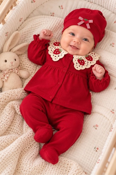 Cherub Baby Çilek Yakalı Yenidoğan Kız Bebek 5 Parça Hastane Çıkışı Zıbın Seti Bebek Kıyafeti