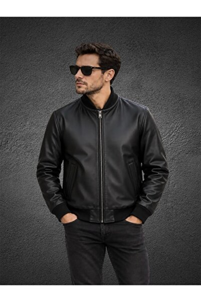 EVASİM Genuine Leather College Men's Coat (Black)