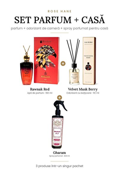 rosehane Set Parfum + Casă Rose Hane – Rawnak Red + Velvet Musk Berry + Gharam