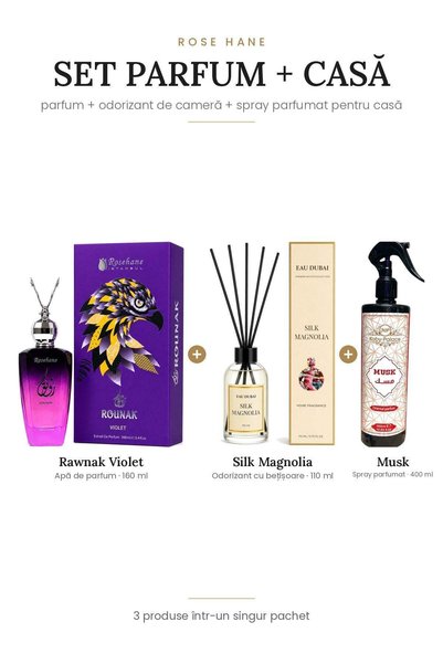 rosehane Set Parfum + Casă Rose Hane – Rawnak Violet + Silk Magnolia + Musk