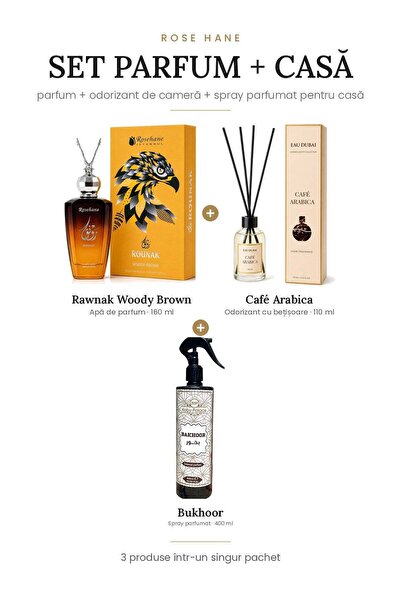rosehane Set Parfum + Casă Rose Hane – Rawnak Woody Brown + Café Arabica + Bu...