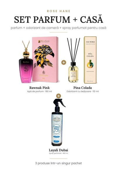 rosehane Set Parfum + Casă Rose Hane – Rawnak Pink + Pina Colada + Layali Dubai