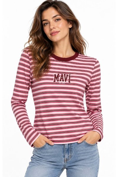 Mavi M1620077 Μπλουζάκι με στάμπα και ρίγες Γυναικείο μπλουζάκι ΡΟΖ