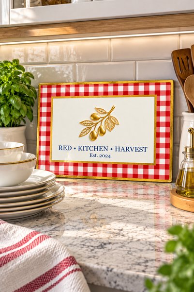 GÖKÇEOĞLU Glass Cutting Board with Modern Gold Accents and Red Gingham Theme ...