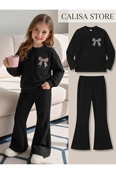 CALİSA Kids Girl's Black Leopard Bow Detailed Spanish Flared Two-Piece Top an...