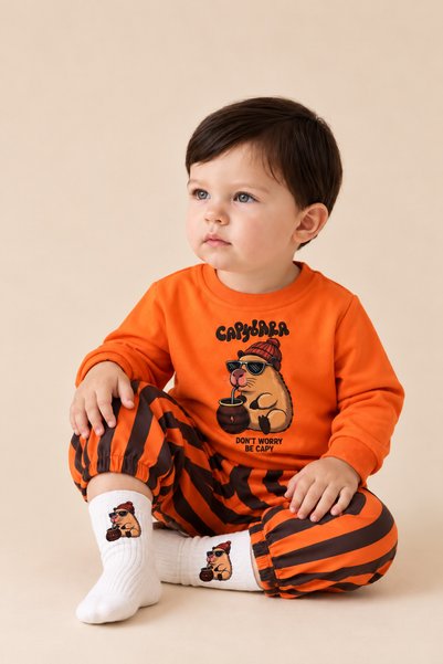Asila Baby Capybara Printed Stretchy Fabric Sweatshirt, Striped Trousers and Printed Socks 3-Piece Seasonal Baby Boy Set
