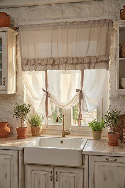cotton maison Country Style Pot Curtain Double Ruffled - Compatible with Curtain Rod and Rustic