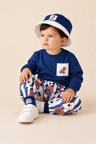 Asila Baby Cute Dog Print Seasonal Flexible and Comfortable Fabric Top and Bottom Set with Printed Socks and Safari Hat 4-Piece Baby Boy Set