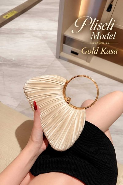Famels Kadın Çanta Gold Kasa Ten Saten Pilseli/Pileli Abiye Çanta Şık Çanta G...