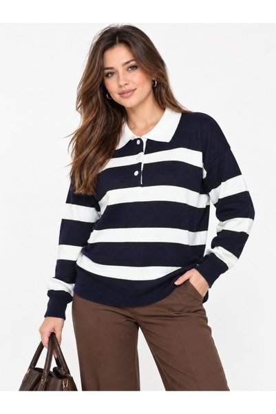 ModaAzen Navy Blue Striped Polo Collar Buttoned Women's Knitwear Sweater