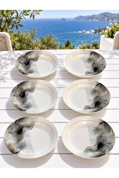 ers erbaşlar Natural Stone Luxury Ceramic 6-Piece Deep Dinner Plate 20 Cm, Gold Edged for 6 People