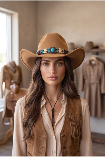 Gigi Luxe Pălărie de cowboy western cu textură premium pentru femei, cu mărgele, stil boem